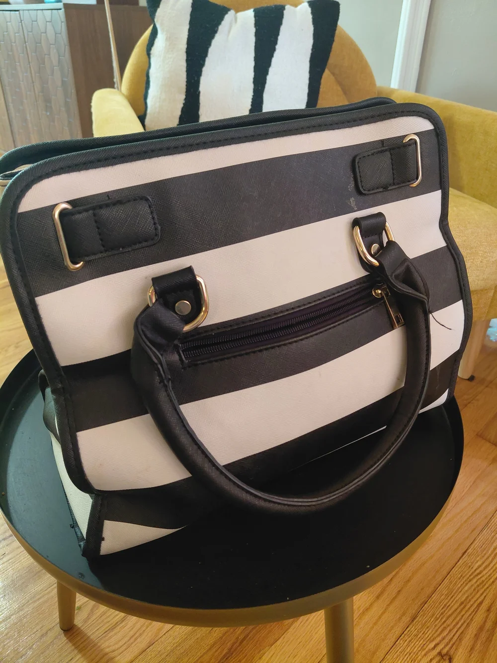 Classic Striped Tote Bag with Gold Lock - Black & White